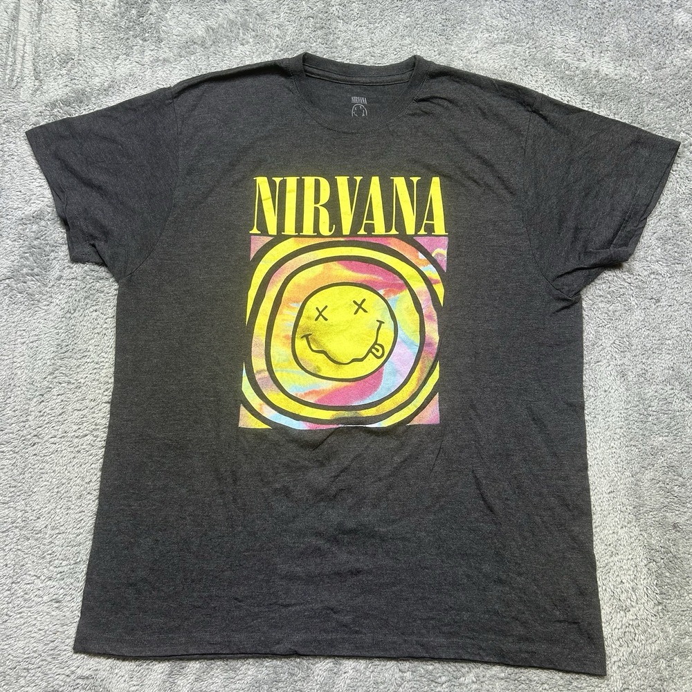 Nirvana Smiley Face Tshirt Mens 2XL Gray Grunge Technicolor‎ Rock Band Reprint